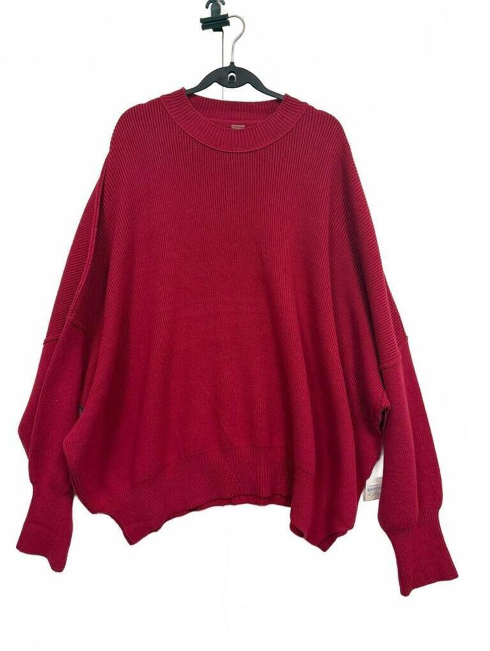 Free People Cherry Red Pullover Sweater Cozy Knit Long Sleeve sz XL Oversized